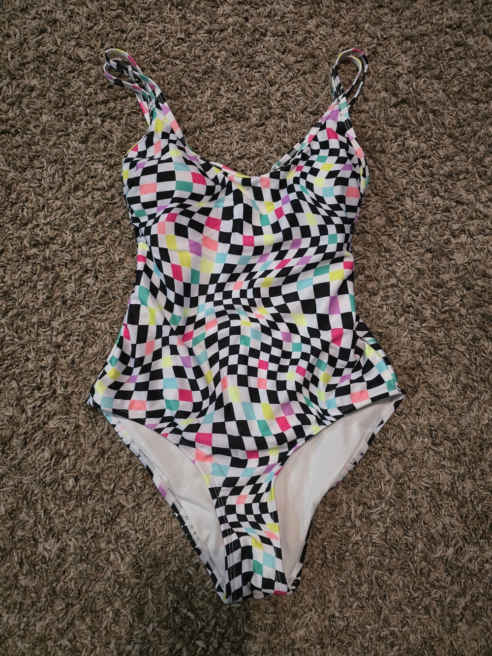 Girls' Checkerboard One-Piece Swimsuit in Black with Neon Accents